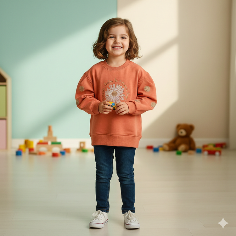 بلوز نخ پنبه آستین بلند دخترانه با گل دوزی فانتزی