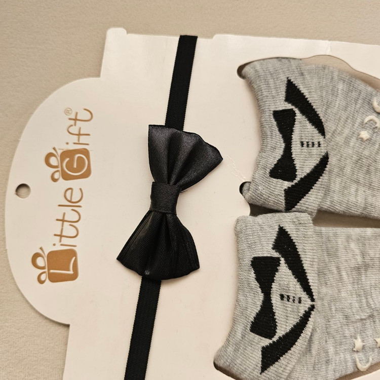 ست دو تیکه جوراب و پاپیون نوزادی طوسی