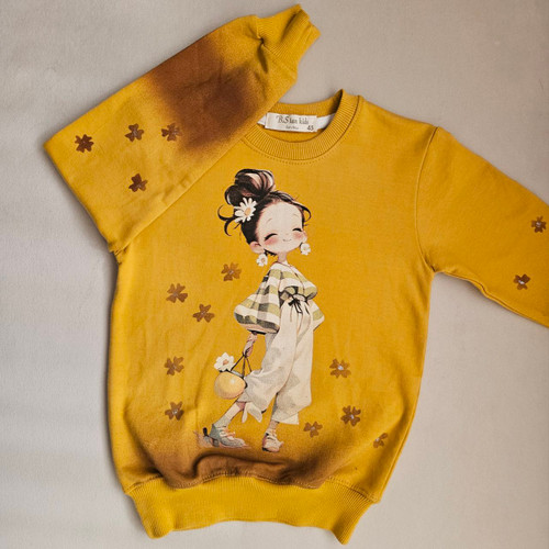 بلوز نخ پنبه خردلی با چاپ فانتزی