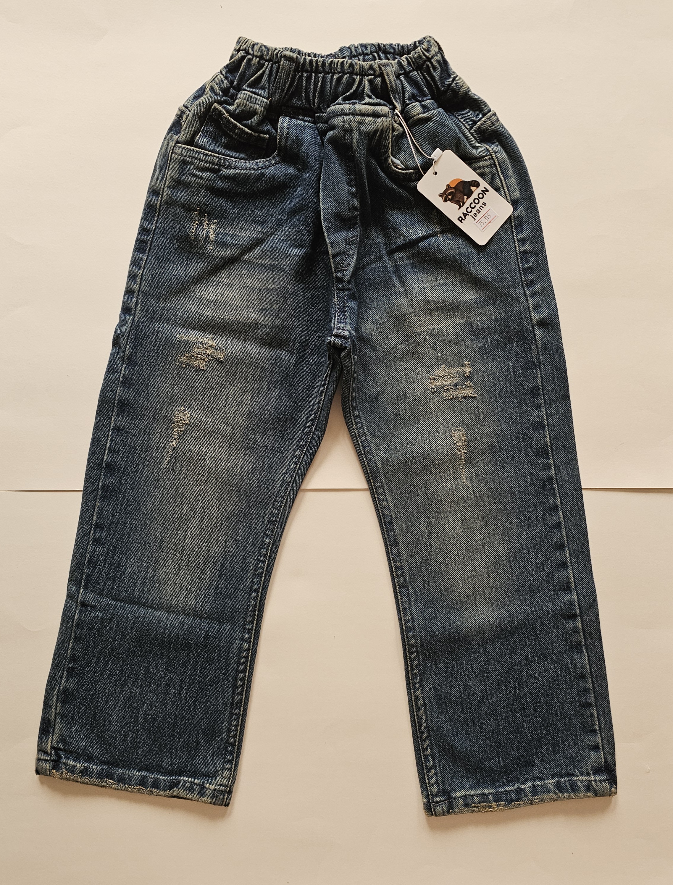 شلوار جین راسته پسرانه زاپ‌دار آبی سنگ‌شور (برند RACCOON Jeans)